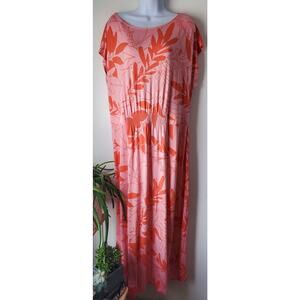 Lands End Womens Pink Tropical Jersey Maxi Dress Size 1X Hawaiian Beachy Travel